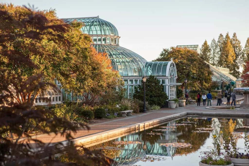 Glasgewächshäuser des Brooklyn Botanic Garden, umgeben von Bäumen, mit Spiegelung im Wasserbecken.