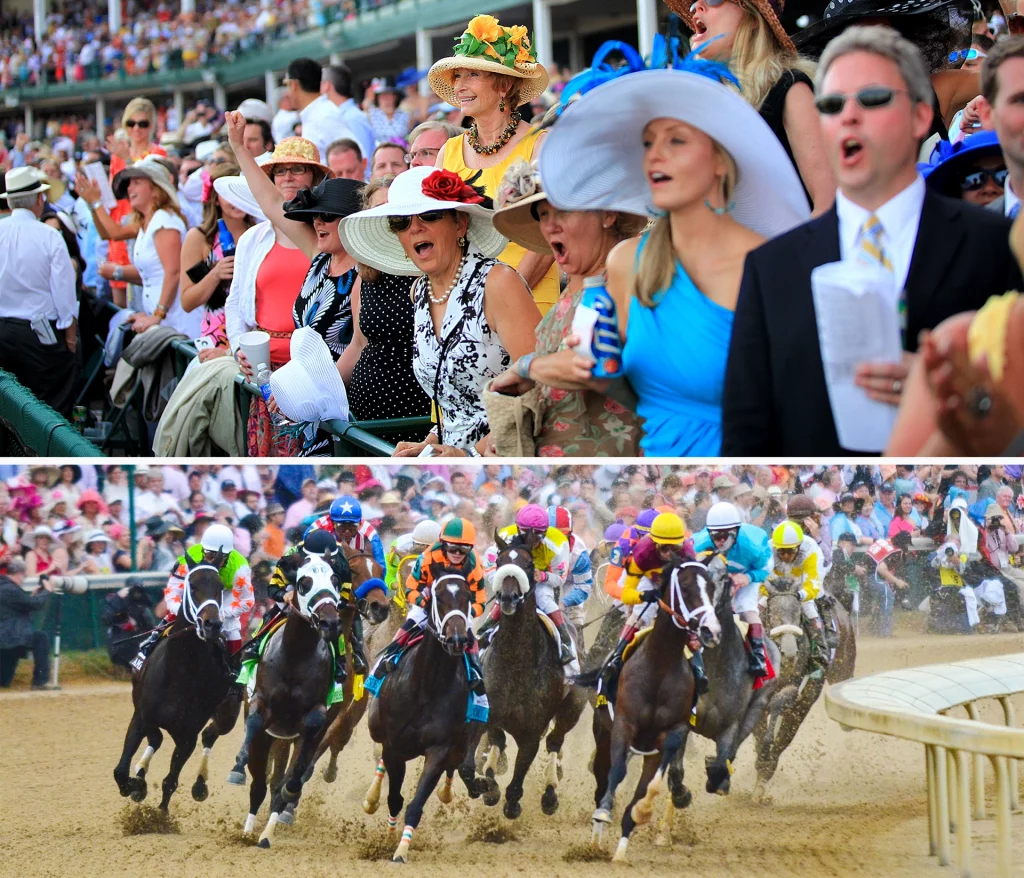 Pferde mit Jockeys im vollen Galopp beim Kentucky Derby im Churchill Downs in Louisville.