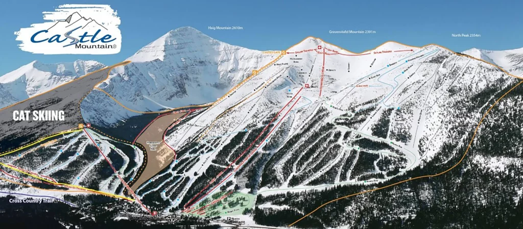 Pistenkarte des Castle Mountain Resorts in Alberta mit markierten Abfahrten, Liften und Cat Skiing-Bereich.