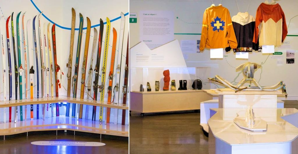 Ausstellung im Musée du Ski des Laurentides mit historischen Skiern, Skischuhen, Winterjacken und alpiner Ausrüstung.
