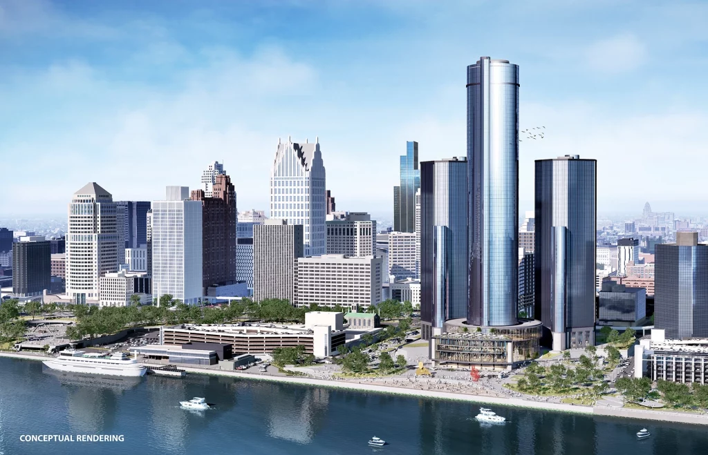 Konzeptdarstellung der neuen Hochhausentwicklung von Bedrock in Downtown Detroit mit Blick auf den Detroit River.