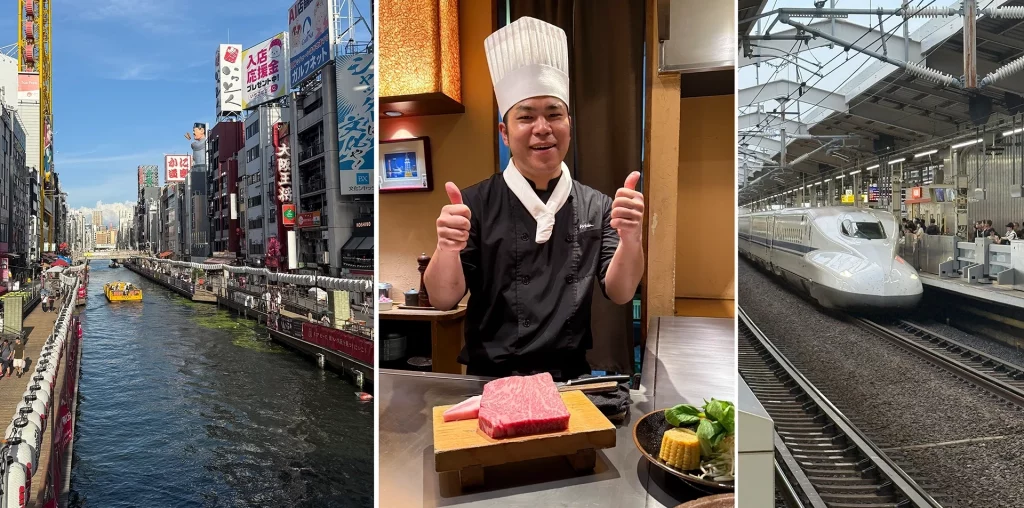Japan-Impressionen: Dotonbori in Osaka, Koch mit Wagyu-Rindfleisch, Shinkansen-Zug.