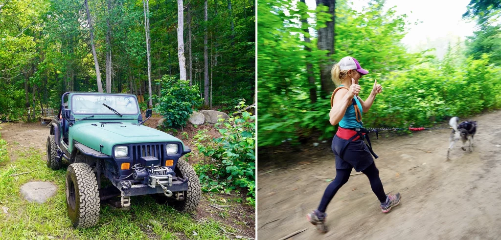 Grüner Jeep für Offroad-Touren im Wald sowie Frau beim Canicross-Lauf mit Schlittenhund in den Laurentiden, Québec.