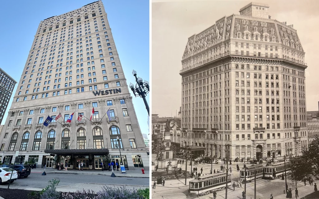 Historische und moderne Ansicht des Westin Book Cadillac Hotels in Detroit.