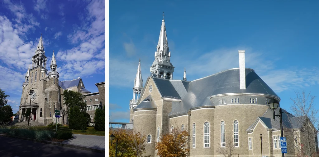 Die Kathedrale von Saint-Jérôme ragt mit ihrem markanten Turm über die herbstlich gefärbten Bäume der Laurentiden.