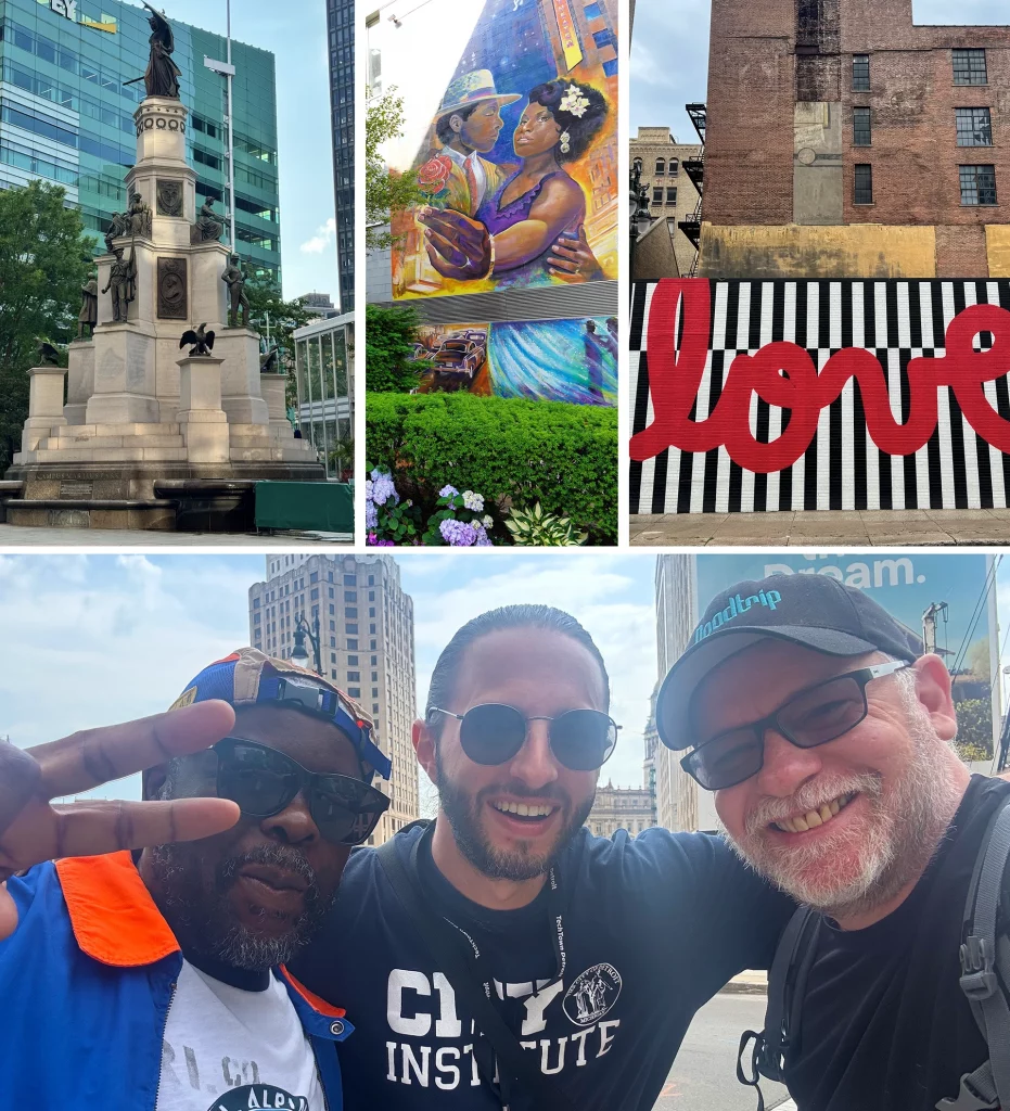 Collage mit Freiheitsdenkmal, farbenfrohen Wandmalereien und lachenden Menschen bei einer City Institute Tour durch Detroit.