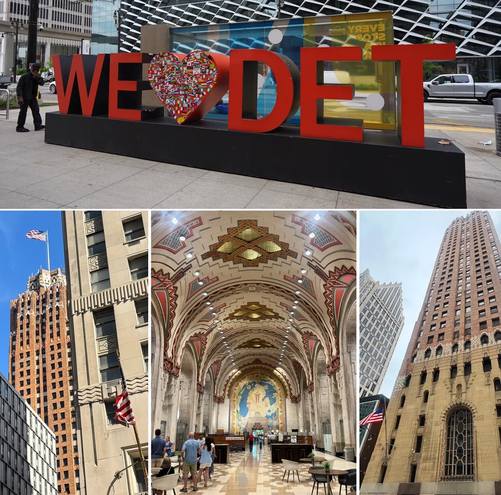 Collage mit dem „We Love Detroit“-Schriftzug sowie Innen- und Außenansichten des Guardian Buildings in Detroit.