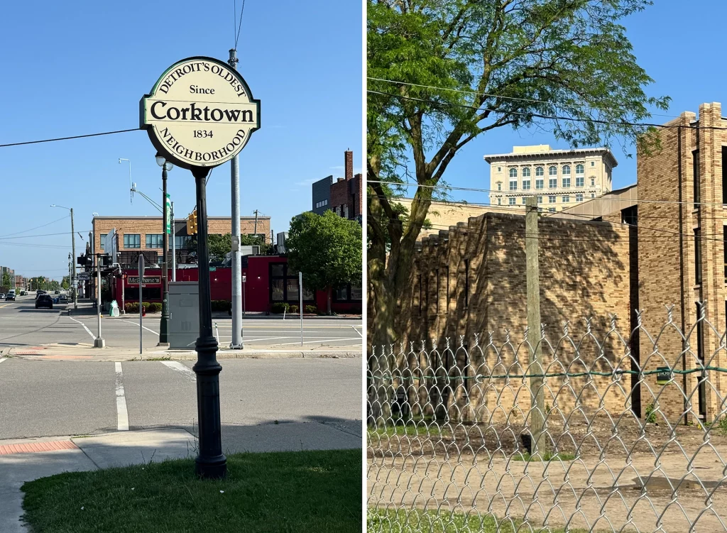 Straßenschild von Corktown und Backsteinarchitektur mit Blick auf Detroit.