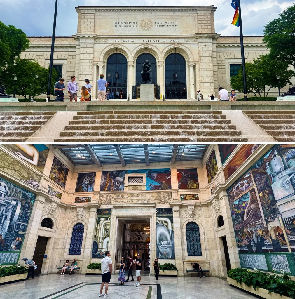 Außenansicht des Detroit Institute of Arts mit Brunnen sowie Innenansicht der berühmten Rivera-Court-Murals.