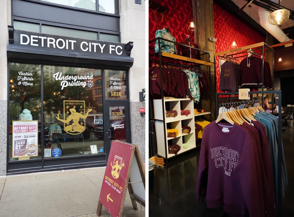 Außenansicht und Innenansicht des Detroit City FC Fan-Shops mit Vereinsmerchandise.