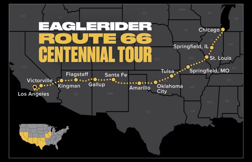 Karte der EagleRider Route 66 Centennial Tour von Chicago bis Los Angeles.