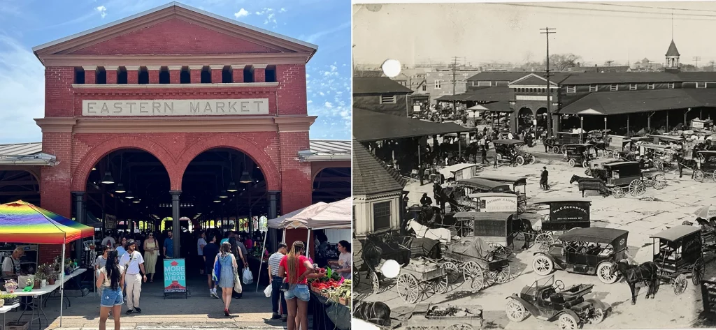 Collage aus historischem Foto von 1912 mit Pferdekutschen und modernem Blick auf den belebten Eastern Market in Detroit.