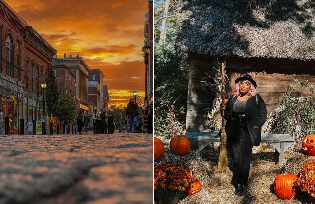 Abendstimmung in der Essex Street in Salem und Besucherin in Hexenkostüm im historischen Pioneer Village.