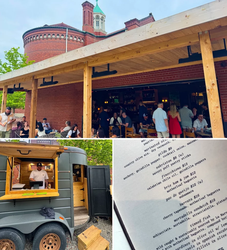 Moderne Gastro-Szene in Detroit mit Outdoor-Bar, Foodtruck und Menükarte.