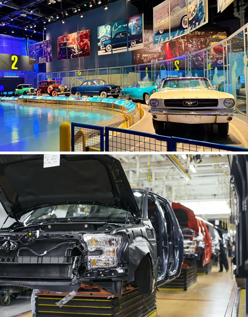 Klassische Ford-Modelle im Henry Ford Museum und moderne F-150-Produktion in der Rouge Factory in Detroit.