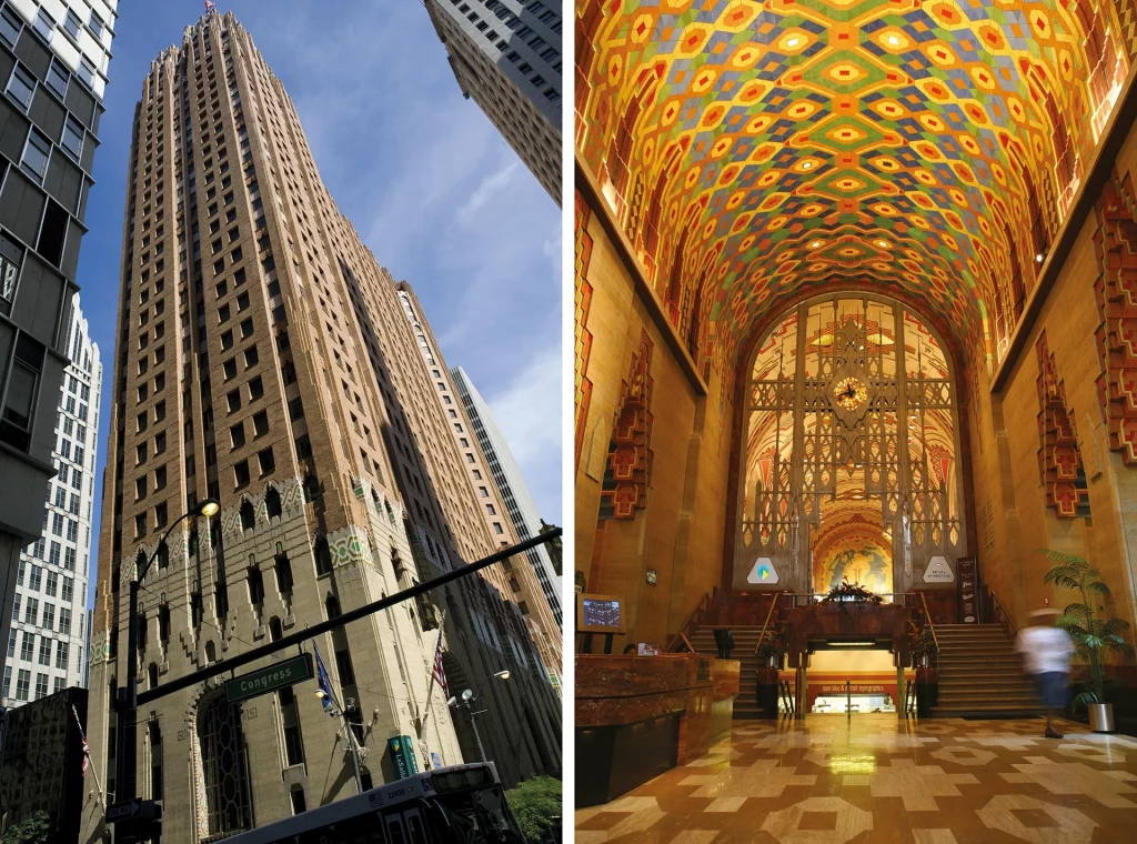 Außen- und Innenansicht des Guardian Building, Detroit, mit bunter Art-déco-Decke.