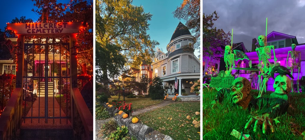 Collage mit drei Halloween-Szenen in Louisville: ein Tor mit Leuchtschrift „Hillcrest Cemetery“, ein viktorianisches Haus im Highlands-Viertel mit Kürbisdeko, und gruselige Skelettfiguren in einem bunt beleuchteten Vorgarten.