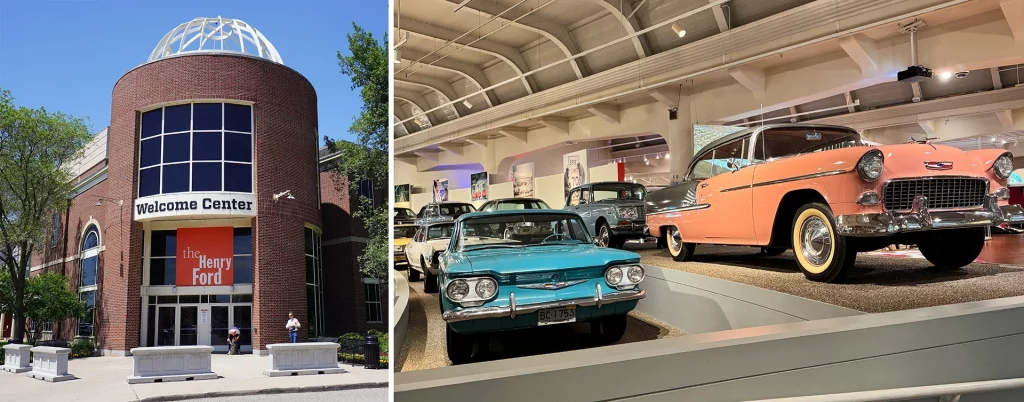 Eingang des Henry Ford Museums in Dearborn und Oldtimer-Ausstellung mit klassischen US-Autos.
