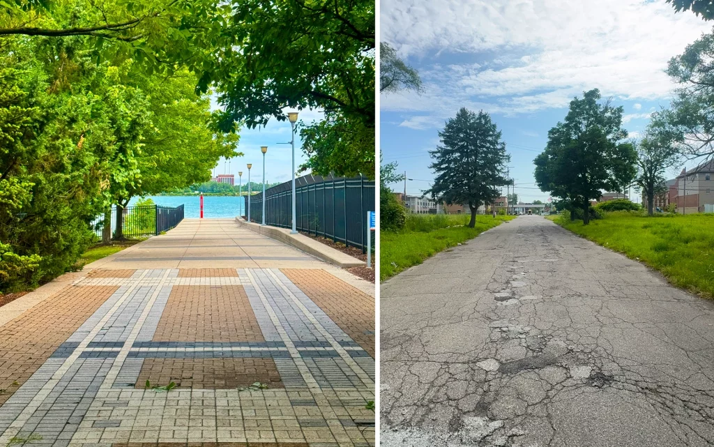 Gegenüberstellung von Detroits moderner Riverwalk-Promenade und einer verfallenen Wohnstraße.