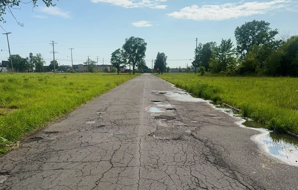 Verlassene und von Rissen durchzogene Straße mit Wiesen links und rechts in Detroit.
