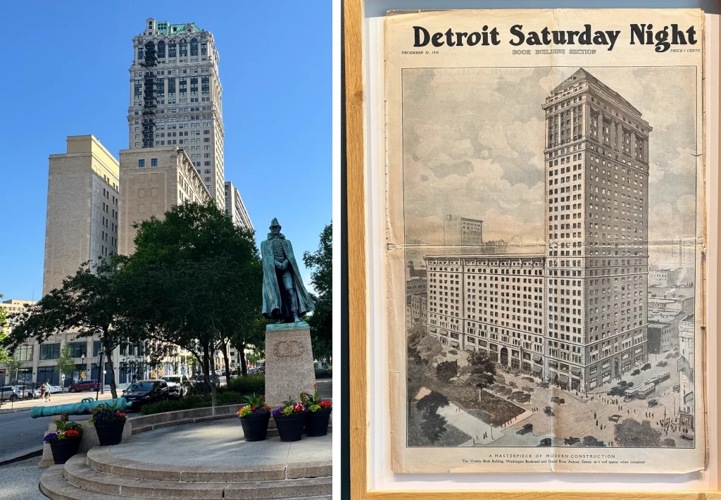 Foto des restaurierten Book Tower in Detroit und historische Zeitungsseite von 1916 mit der Bauankündigung.