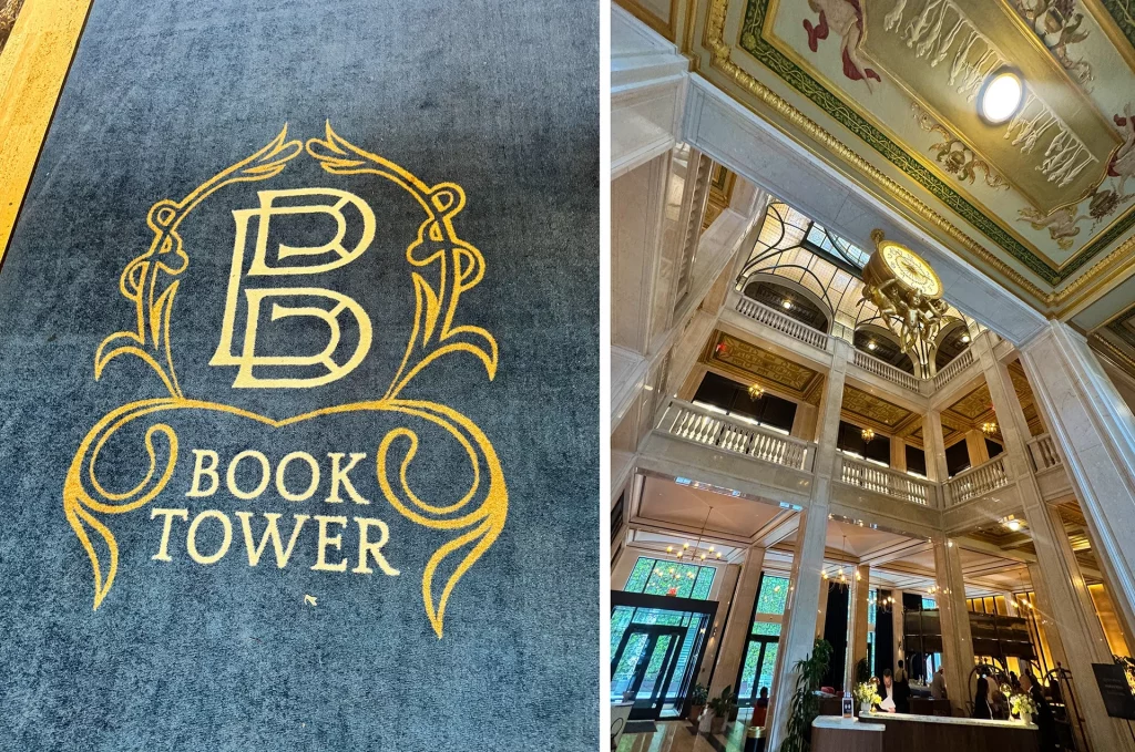 Detail des Book Tower-Logos auf einem Teppich sowie Blick in die prachtvolle Lobby des restaurierten Wolkenkratzers in Detroit.