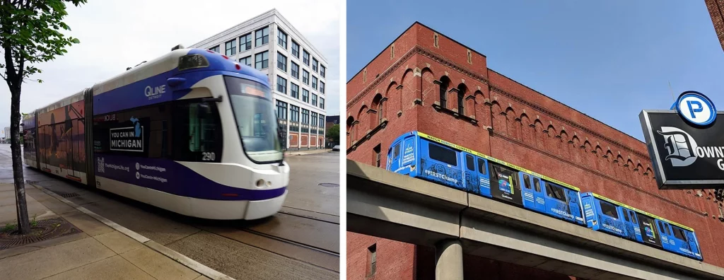Straßenbahn der QLine in Detroit und People Mover Hochbahnzug vor roter Backsteinfassade in Downtown.