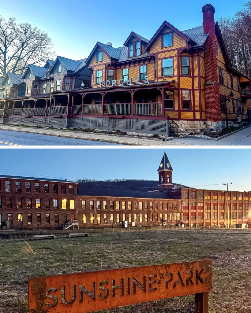 Hotel The Porches Inn in North Adams und Blick auf das MASS MoCA bei Sonnenuntergang mit dem Schild „Sunshine Park“ im Vordergrund.