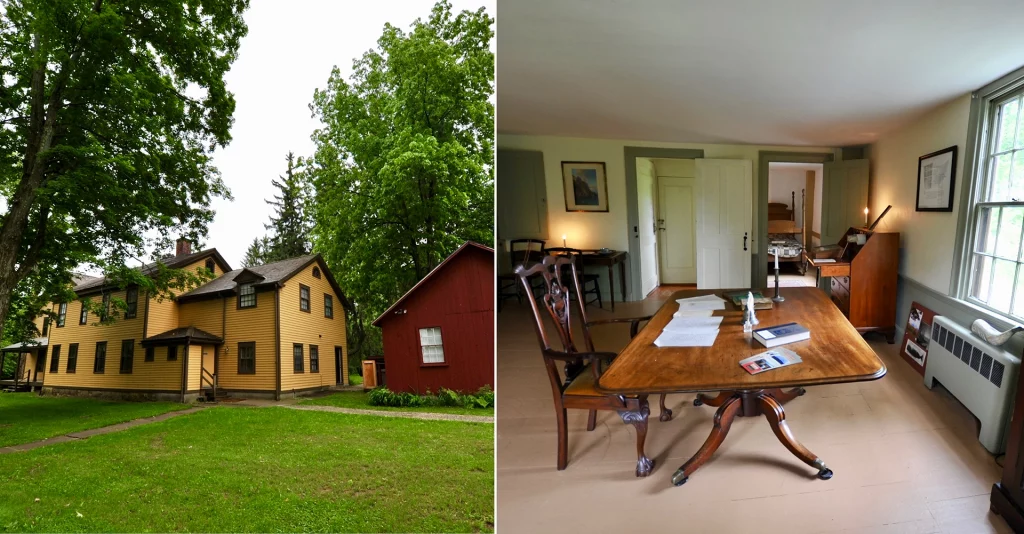 Das historische Herman Melville House „Arrowhead“ in Pittsfield, Massachusetts – Außenansicht des gelben Holzhauses und Innenansicht mit Schreibtisch des Schriftstellers.