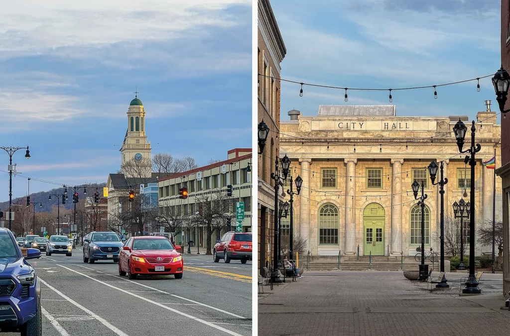 Straßenszene in Pittsfield, Massachusetts, mit der North Street, Autos im Verkehr und dem markanten Uhrturm sowie der historischen City Hall.