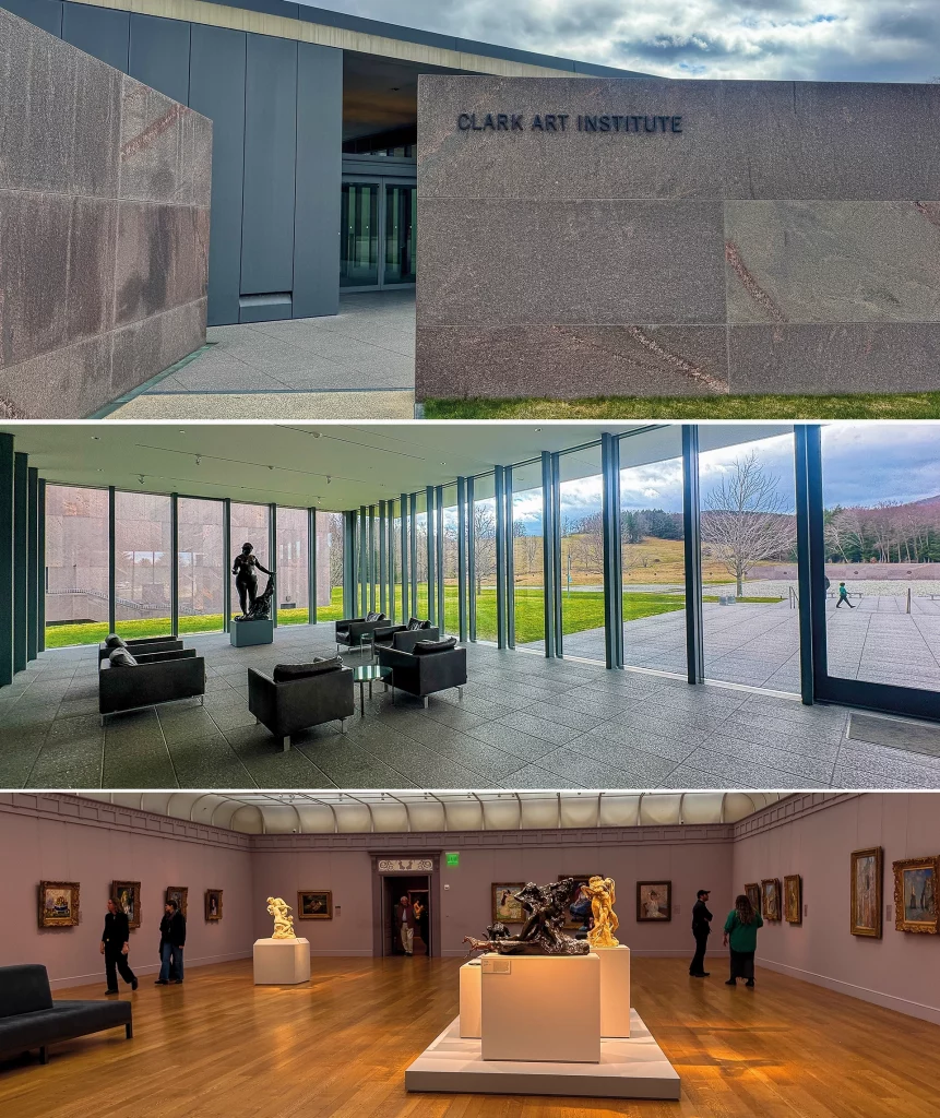 Außenansicht, lichtdurchfluteter Loungebereich und klassischer Ausstellungssaal des Clark Art Institute in Williamstown, Massachusetts.