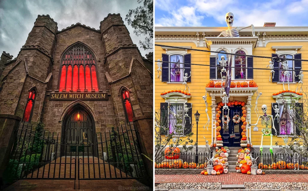 Fassade des Salem Witch Museum mit roten Fenstern und bunt dekoriertes Halloweenhaus mit Skeletten und Kürbissen in Salem, Massachusetts.