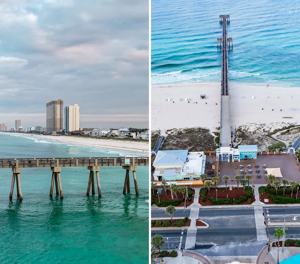 Luftaufnahme von Panama City Beach mit Skyline und Russel Fields Pier, Florida