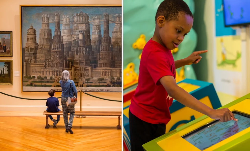 Links: Besucher betrachten ein großes Gemälde in einem Kunstmuseum der Springfield Museums. Rechts: Ein Kind interagiert mit einer digitalen Lernstation im Dr. Seuss Museum.