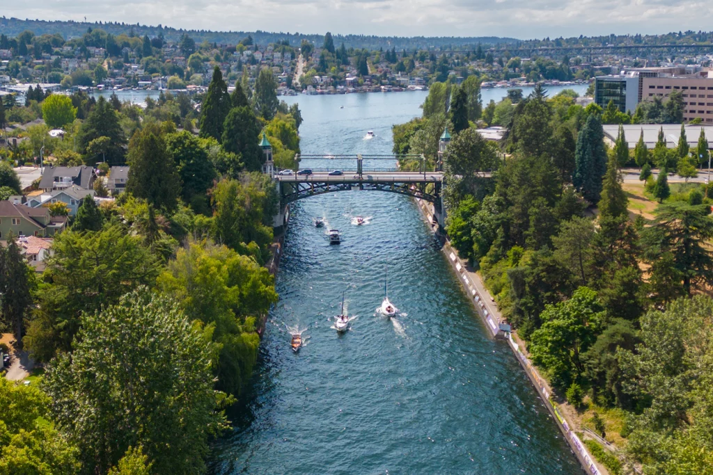Boote fahren durch den Montlake Cut in Seattle, umgeben von Bäumen, Wohnhäusern und einer Brücke.