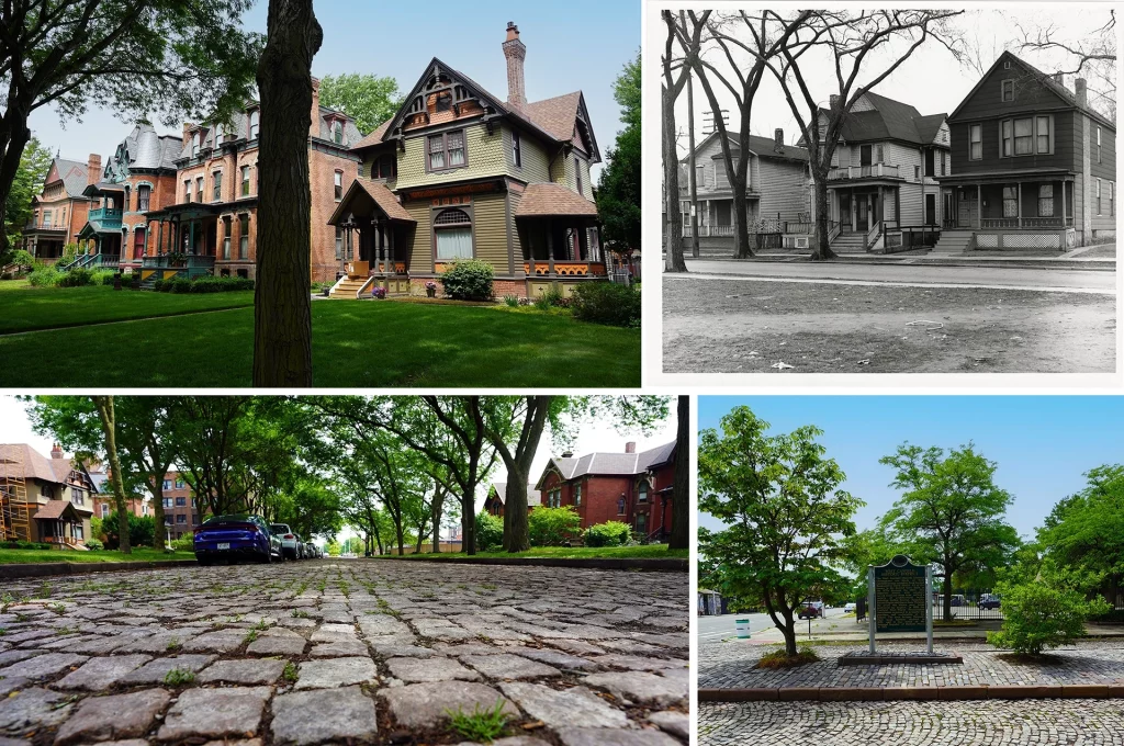 Historische und aktuelle Fotos der West Canfield Street mit viktorianischen Häusern und Kopfsteinpflaster.