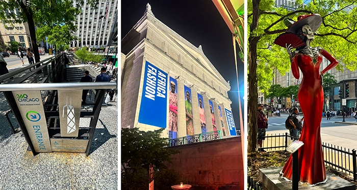 Kunst und Kultur in Chicago: Eingang zum 360 Chicago Observation Deck, nächtliche Ansicht des Field Museum mit „African Fashion“-Ausstellung und Skulptur einer eleganten roten Figur auf der Michigan Avenue.