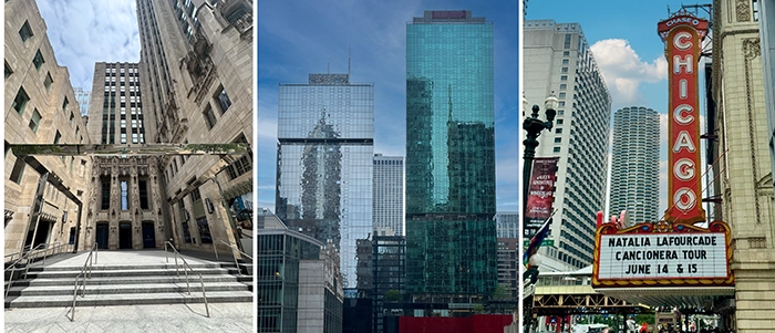 Drei ikonische Architekturszenen aus Chicago: das Tribune Tower-Eingangsportal, moderne Hochhäuser mit Glasfassaden und das berühmte Chicago Theatre mit rotem Leuchtschild.