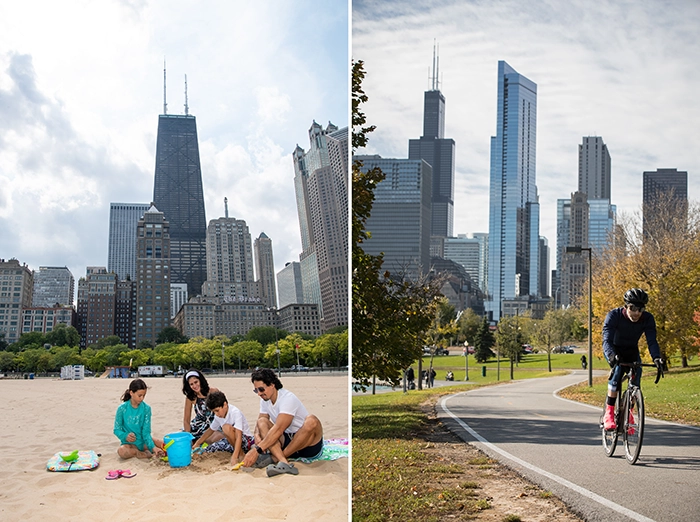 Familie am Sandstrand des Lake Michigan und Radfahrer auf dem Lakefront Trail mit Chicagos Skyline im Hintergrund.