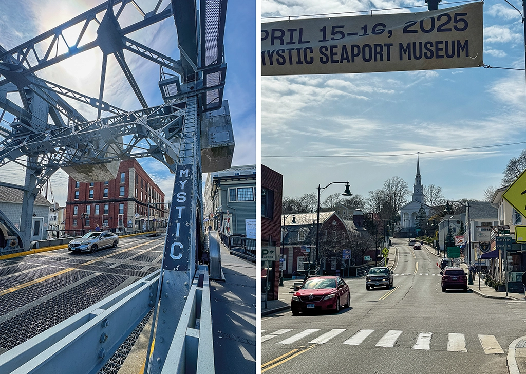 Blick auf die Zugbrücke über den Mystic River und die historische Main Street von Mystic, Connecticut, mit Kirche im Hintergrund und klassischer Neuengland-Architektur.