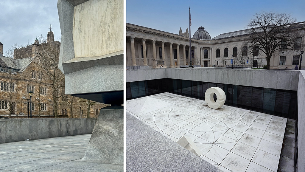 Moderne und klassische Architektur auf dem Campus der Yale University in New Haven, Connecticut, mit geometrischer Skulptur im Innenhof und historischen Gebäuden im Hintergrund.