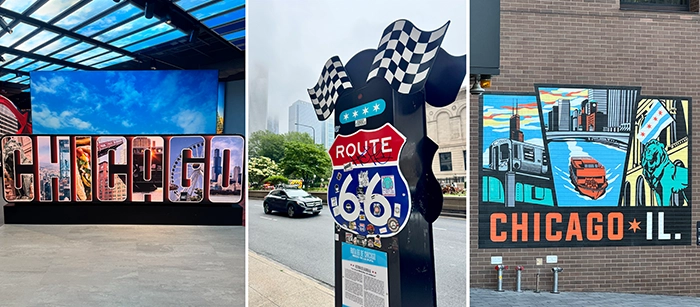 Ein großes „CHICAGO“-Schriftmotiv, das Route-66-Startschild und eine bunte Wandmalerei mit Wahrzeichen der Stadt.