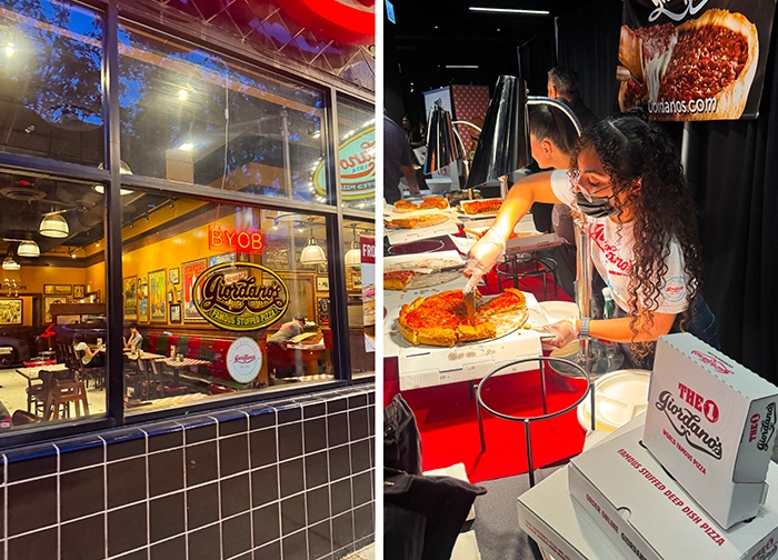 Mitarbeiterinnen von Giordano’s in Chicago servieren frisch gebackene Deep-Dish-Pizza – eine Spezialität mit dickem Boden, viel Käse und Tomatensoße.