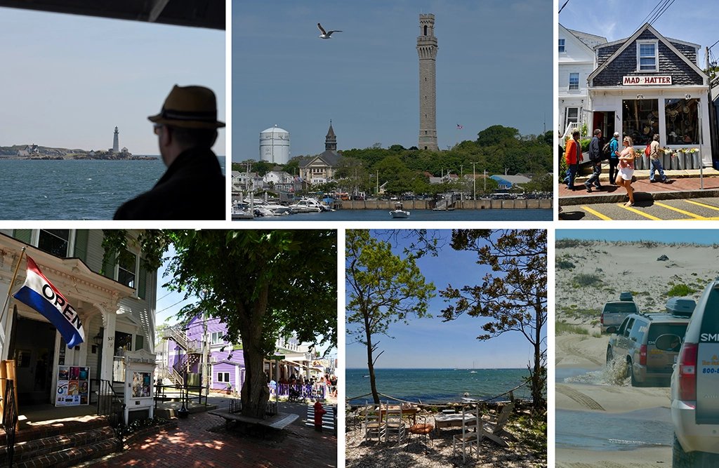 Szenen aus Provincetown auf Cape Cod: Hafenblick mit Pilgrim Monument, bunte Gassen mit Shops und Galerien, Strandabschnitt mit Dünenfahrt und gemütliche Cafészene am Meer.