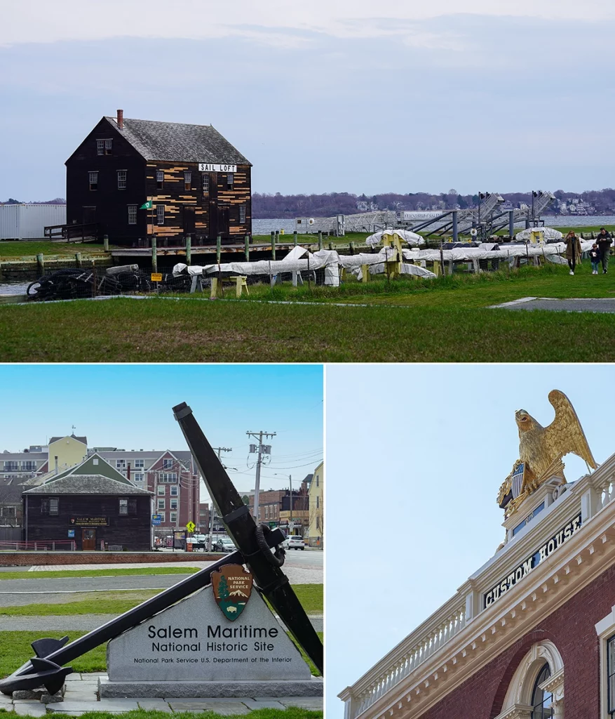 Historische Gebäude im Salem Maritime National Historic Site mit Sail Loft, Ankerdenkmal und der Custom House-Fassade mit vergoldetem Adler.