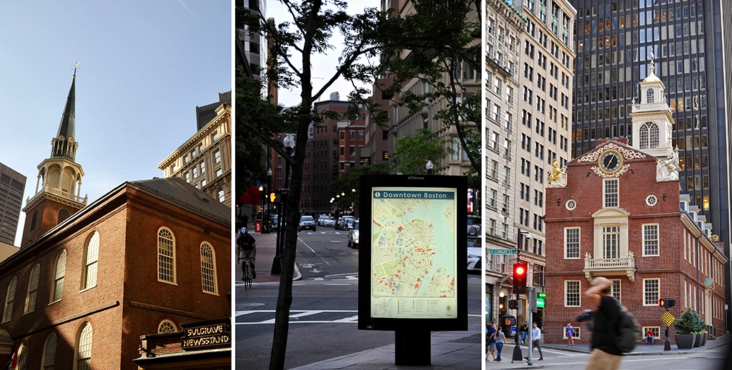 Historische Gebäude und Straßenszenen entlang des Freedom Trail in Downtown Boston, darunter Old South Meeting House, Old State House und Innenstadtansichten.