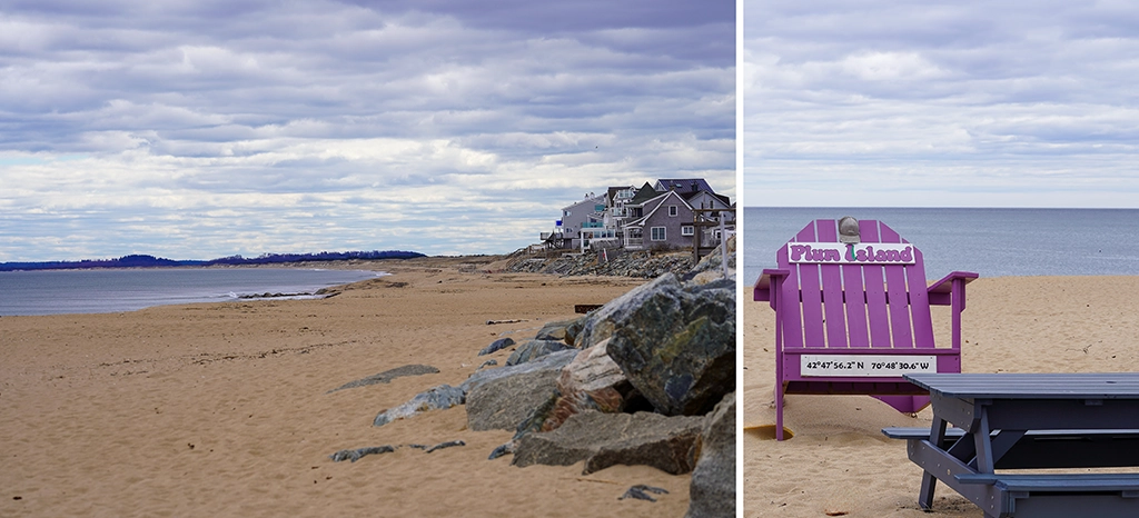Strand und Häuser auf Plum Island, Massachusetts, mit charakteristischem pinkfarbenem Adirondack-Stuhl am Meer.