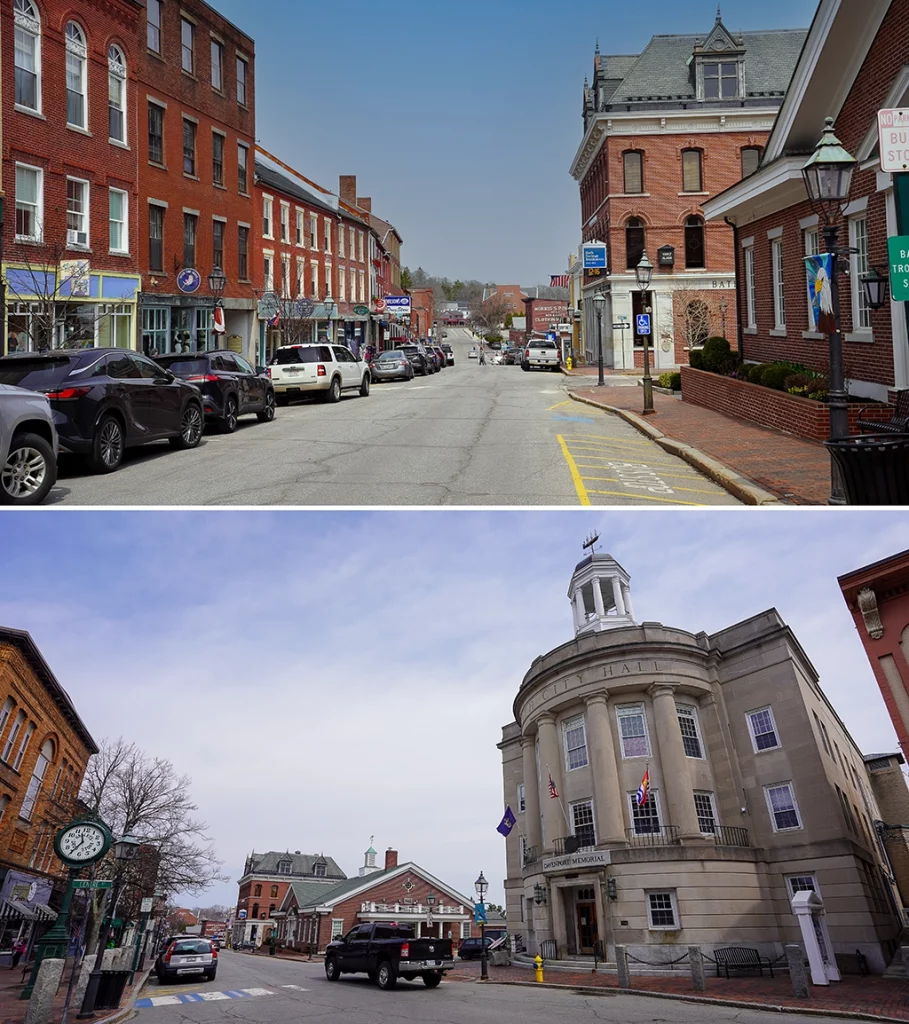Straßenszenen im historischen Stadtzentrum von Bath, Maine, mit roten Backsteinhäusern, Boutiquen, Restaurants und dem markanten City Hall Building.