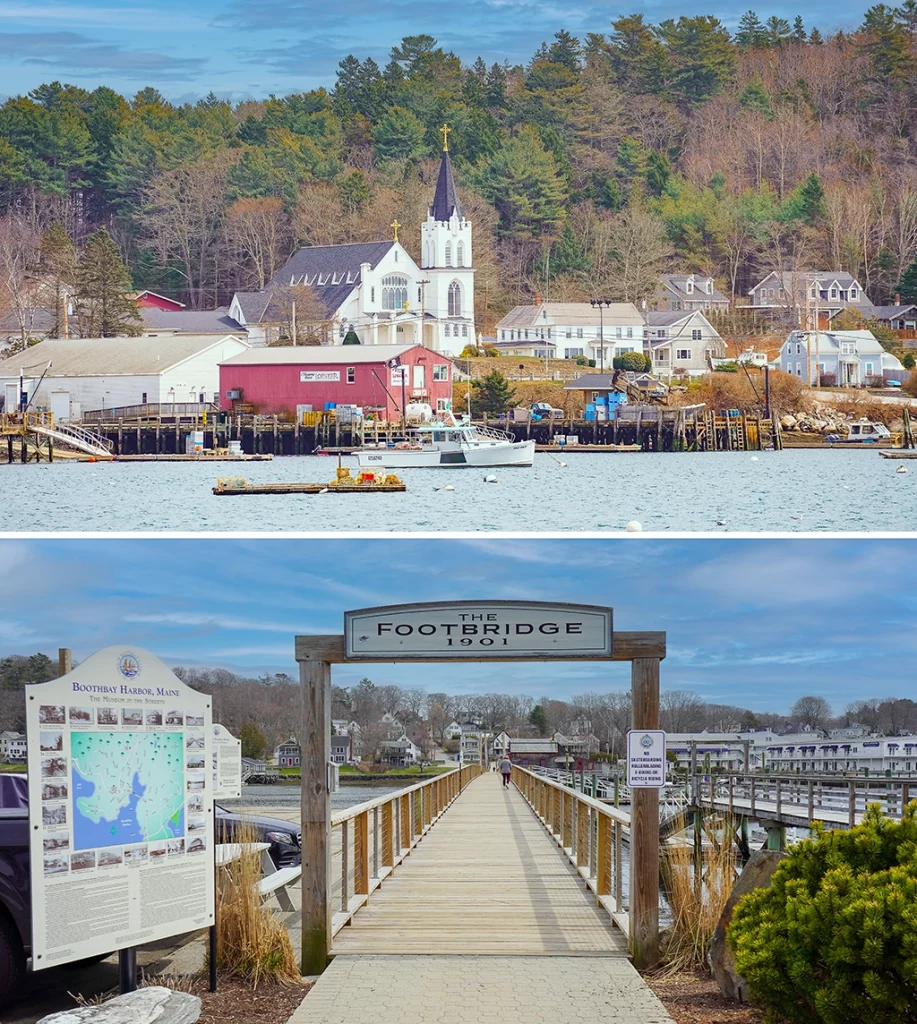 Blick auf Boothbay Harbor, Maine, mit Fischerbooten, Kirche im Hintergrund und der historischen Footbridge von 1901 über den Hafen.