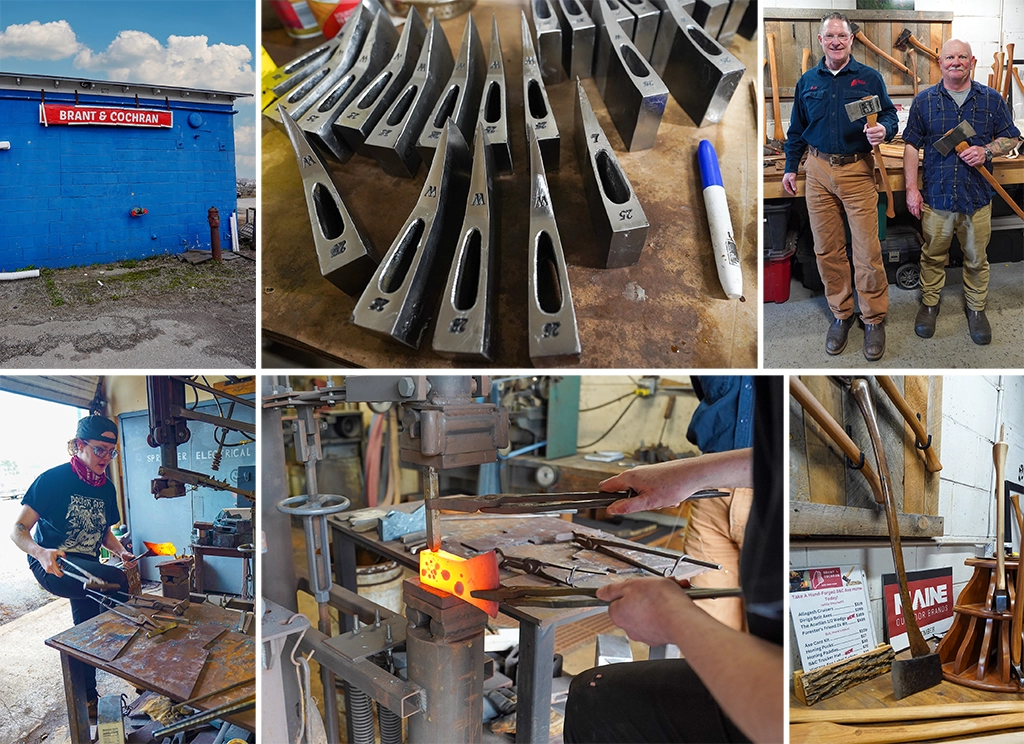 Collage aus der Werkstatt von Brant & Cochran in Portland, Maine: geschmiedete Axtköpfe, Werkstattarbeiten und die beiden Inhaber Stephen Ferguson und Barry Worthing.